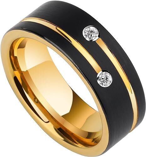 Men's 8mm Tungsten Black Gold Groove Line CZ Comfort-Fit Wedding Band
